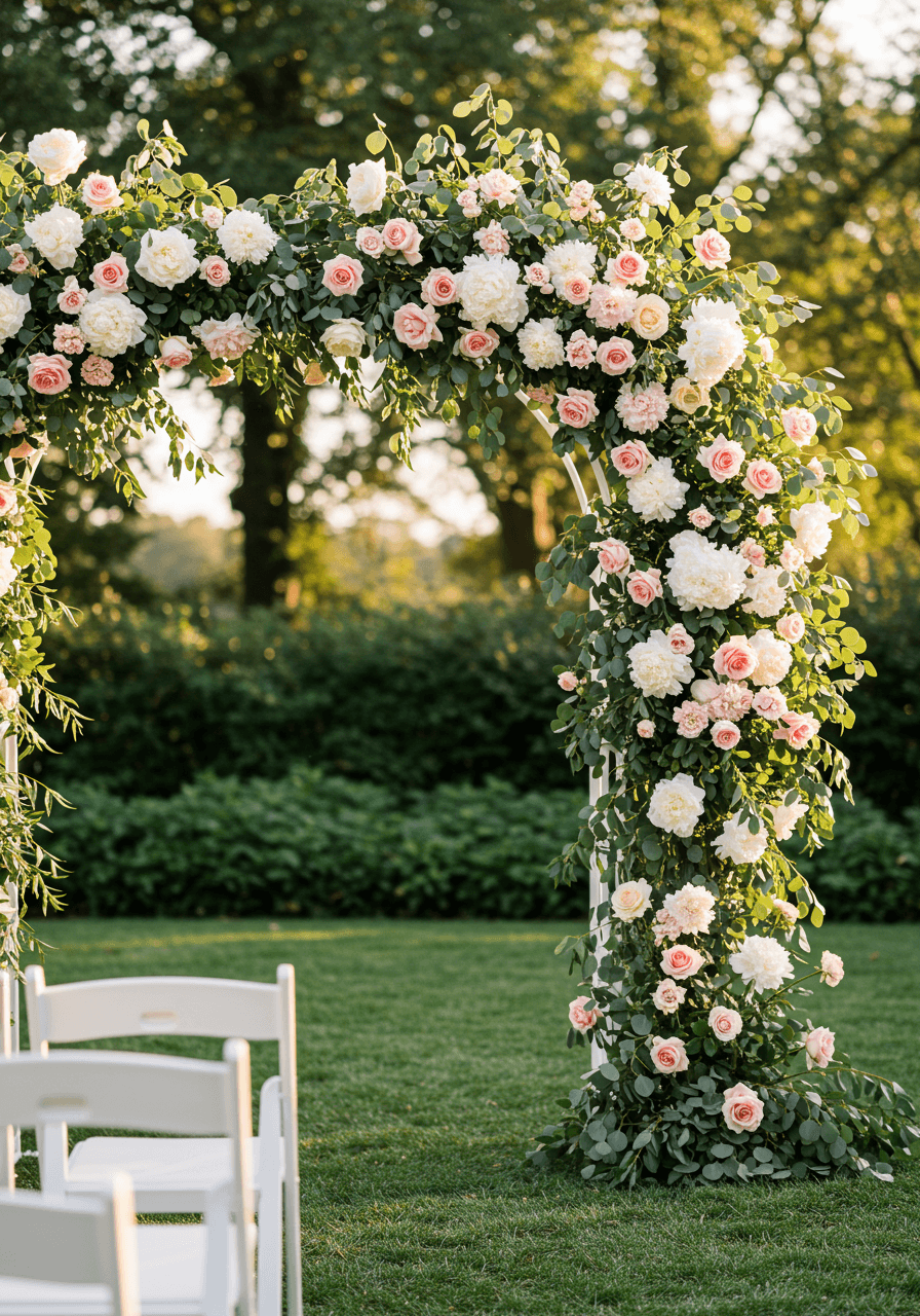 White and blush pink floral arch with roses and peonies at outdoor garden wedding ceremony