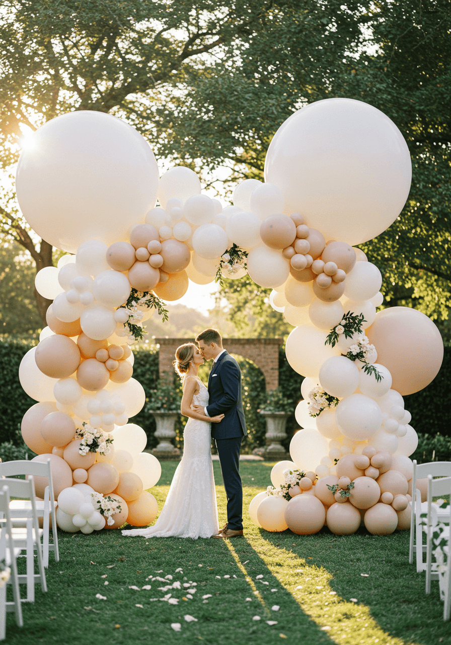 Bride and groom beneath white and blush pink balloon arch in outdoor garden setting