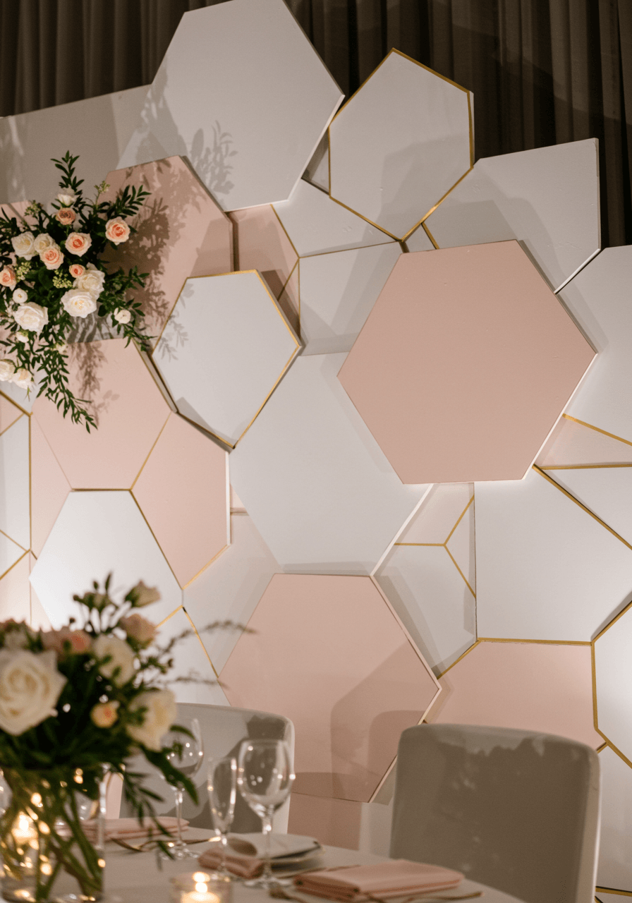 Three-dimensional hexagonal backdrop panels in white and blush creating geometric shadows