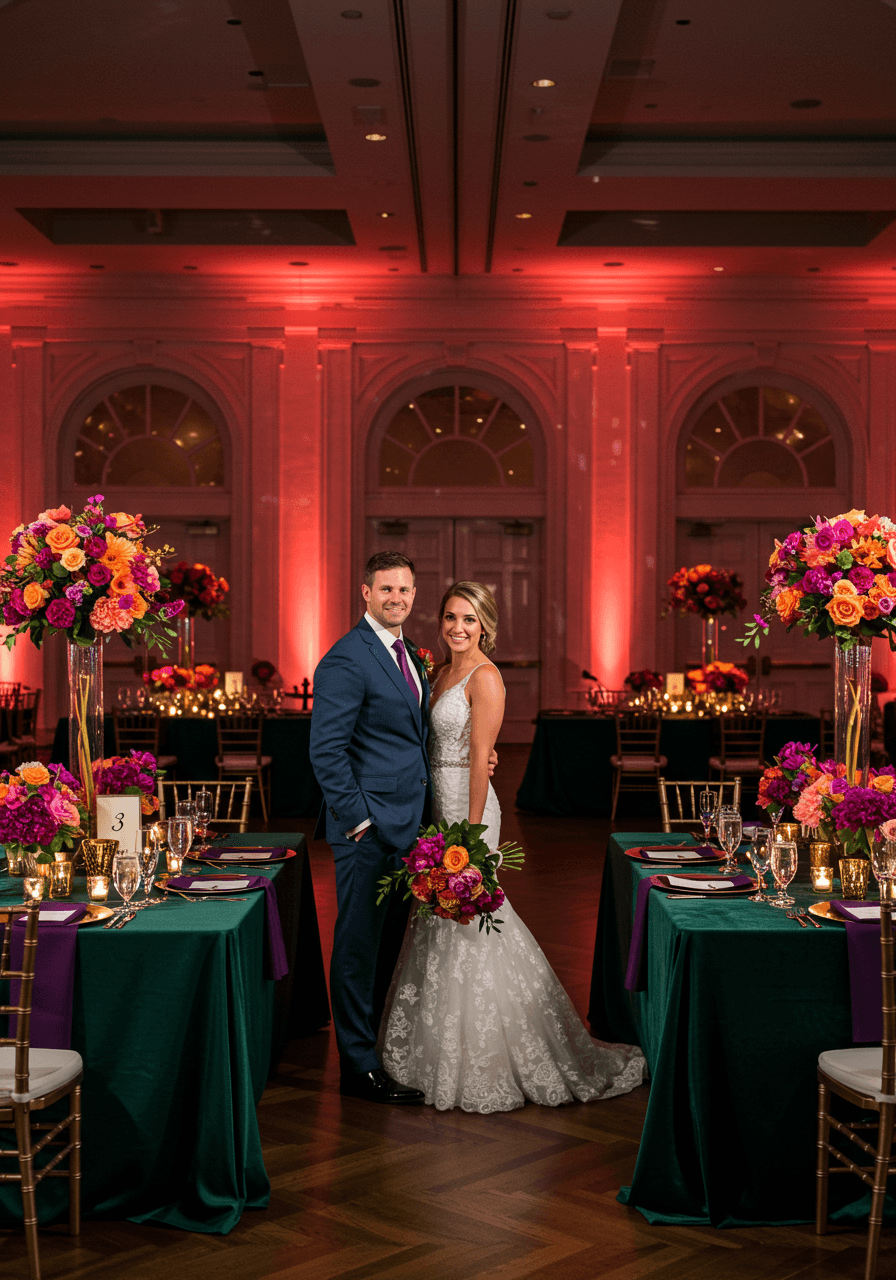 Bride and groom at reception table with emerald green and purple jewel tone decor