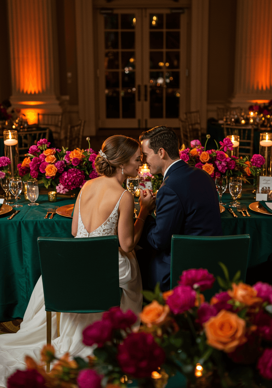 Elegant ballroom reception with rich emerald and purple linens and gold accents