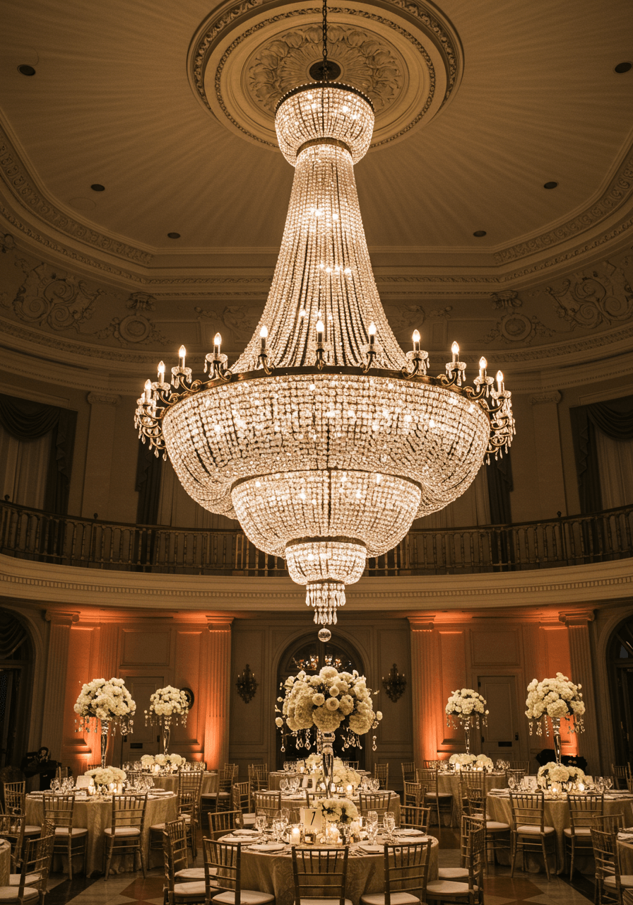 Stunning crystal chandelier hanging above elegant ballroom reception tables