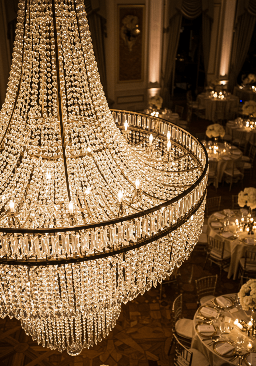 Close-up detail of ornate crystal chandelier tiers and faceted glass elements