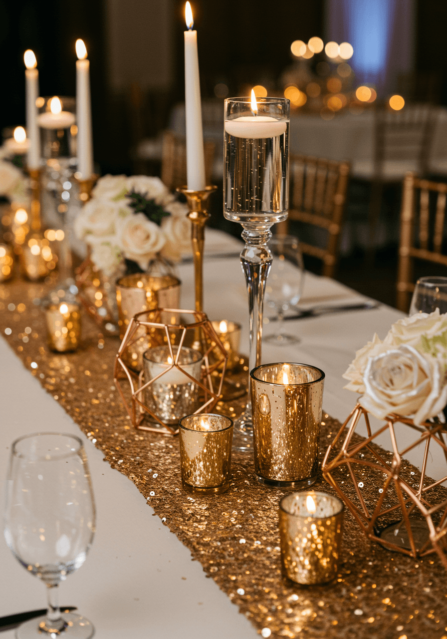 Gold sequined table runner with crystal candlesticks and rose gold geometric wedding centerpieces