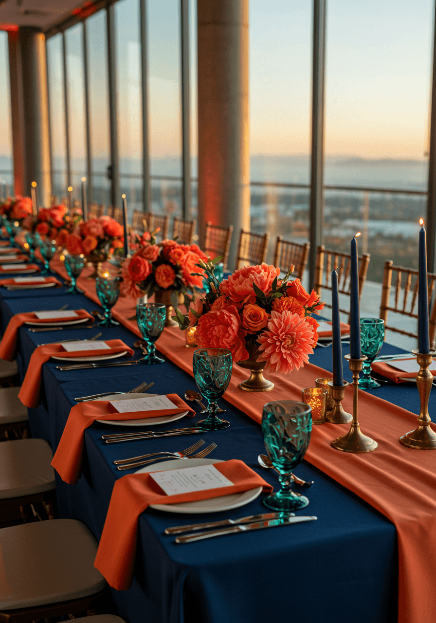 Modern wedding tablescape with navy blue runners and coral floral arrangements at sunset
