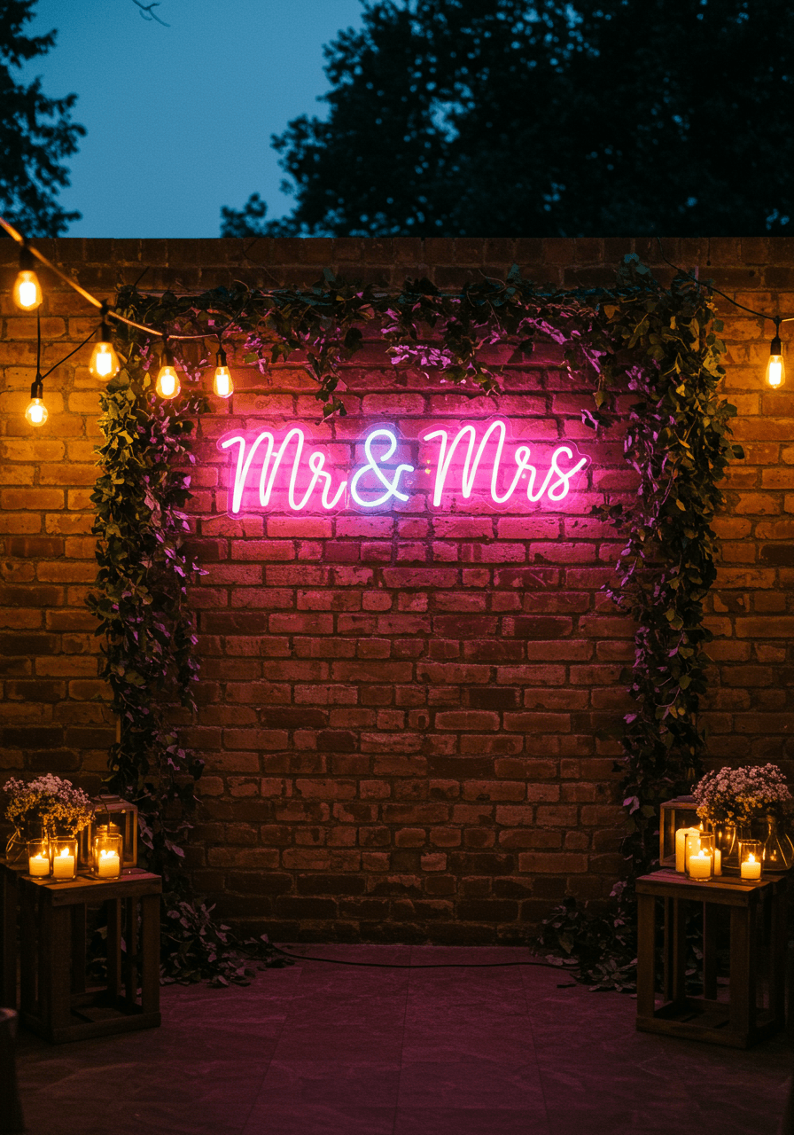 Custom 'Mr. & Mrs.' neon sign in elegant script on brick wall with ivy and string lights