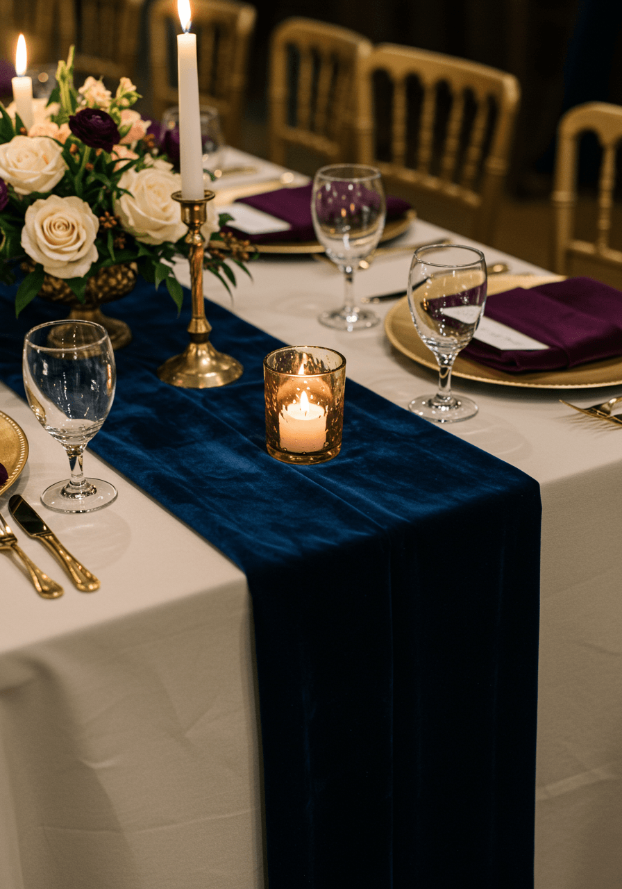 Navy blue and purple velvet table runners with gold charger plates and crystal glassware