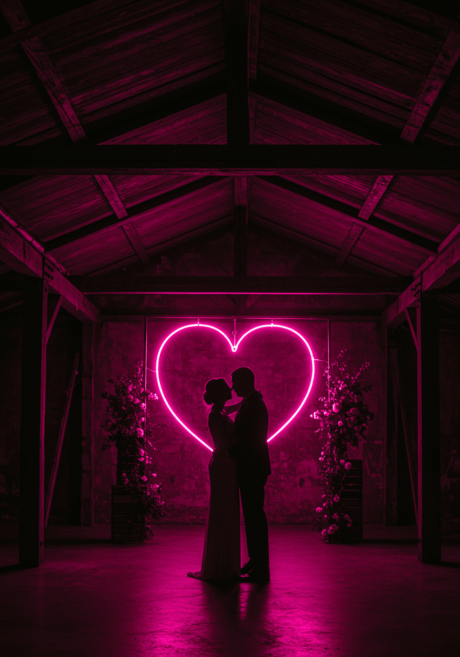 Couple silhouetted beneath large heart-shaped neon light installation in warehouse venue