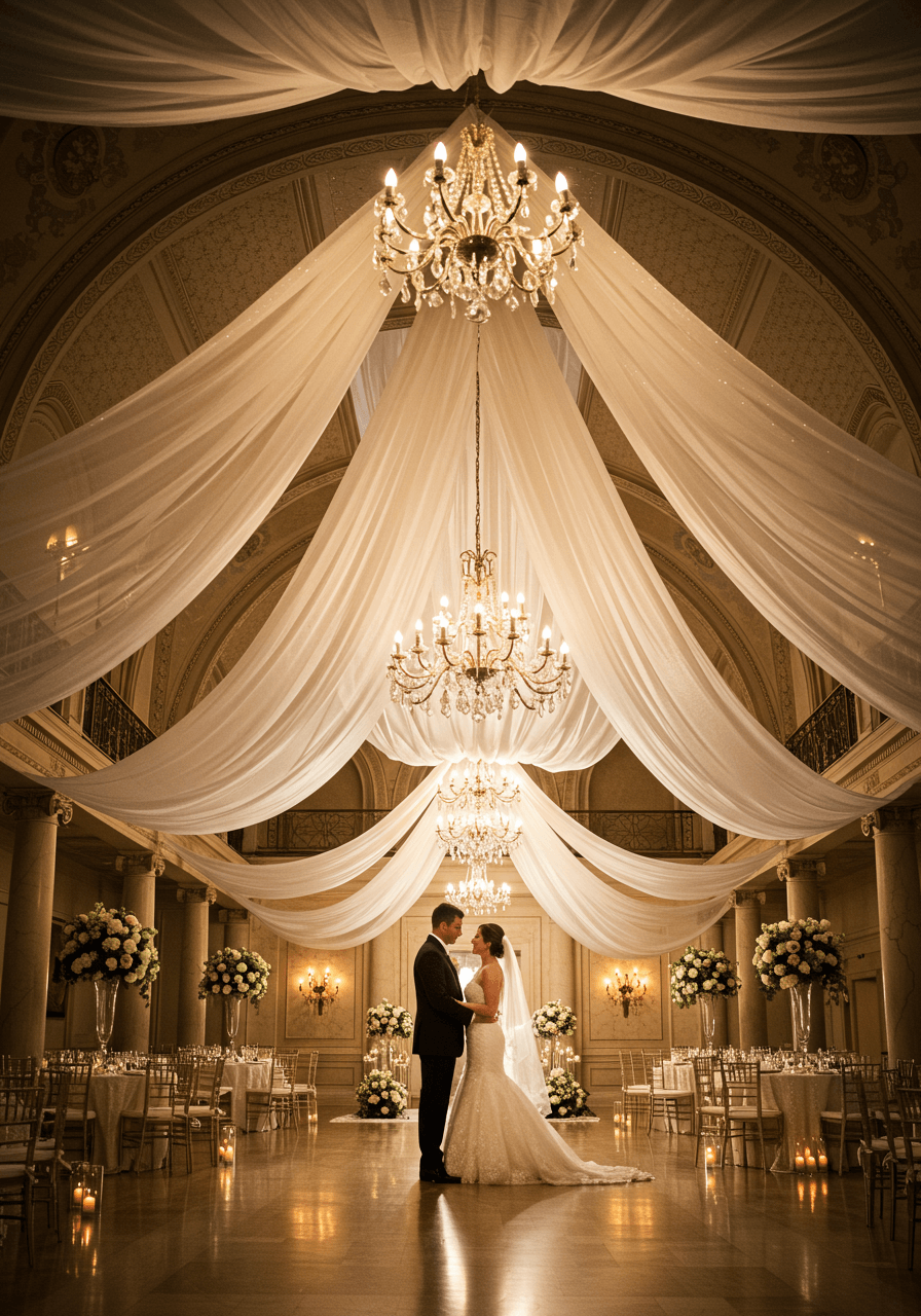 Bride and groom standing beneath flowing white chiffon canopy in elegant ballroom during golden hour