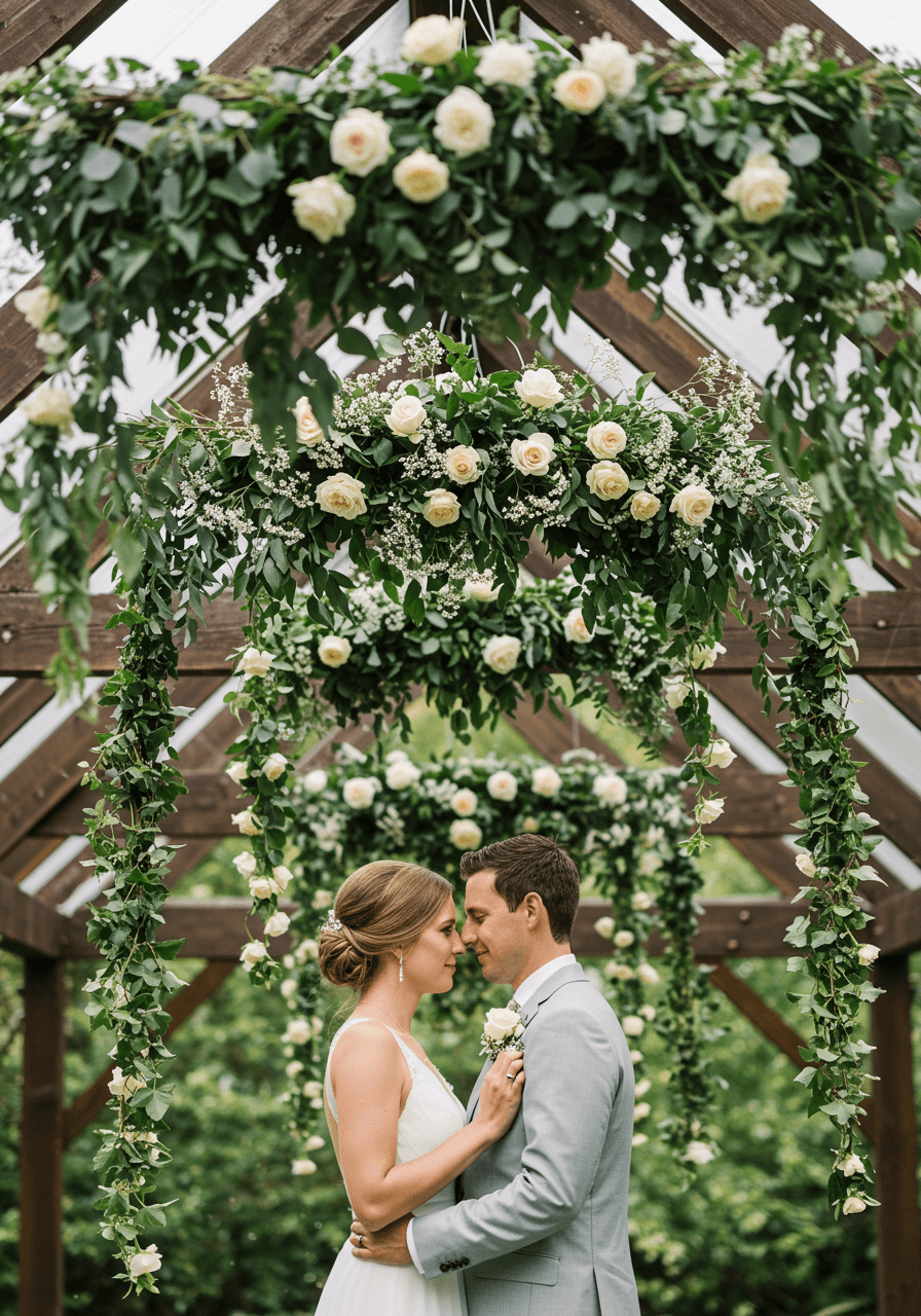 Romantic couple moment under cascading eucalyptus and ivy wedding installation