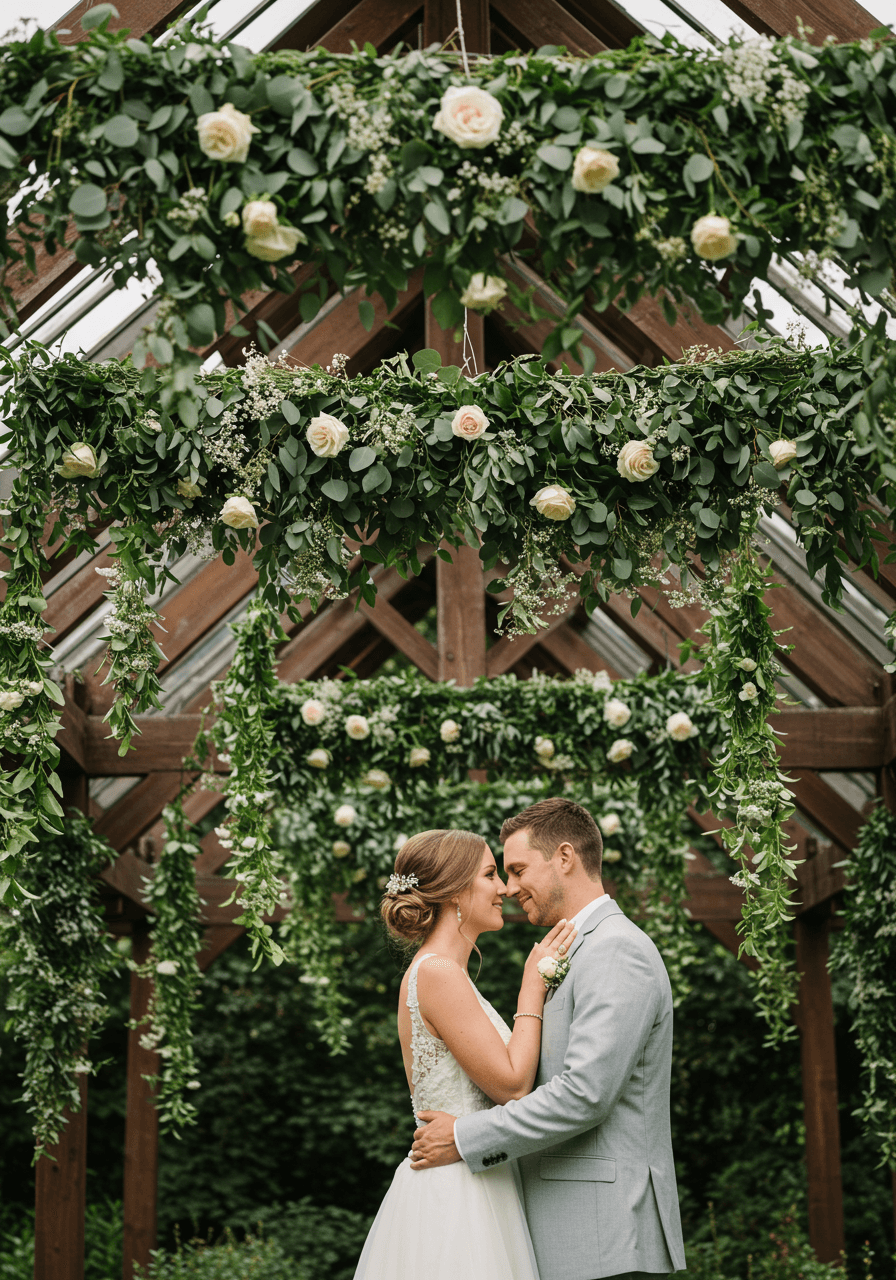 Bride and groom beneath suspended eucalyptus and white rose installation in garden pavilion
