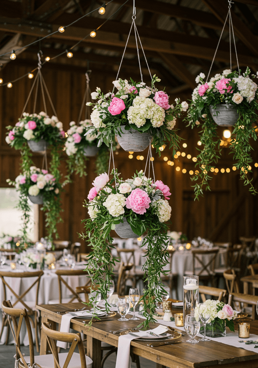 Close-up of suspended wedding garden installation with blush peonies and trailing greenery