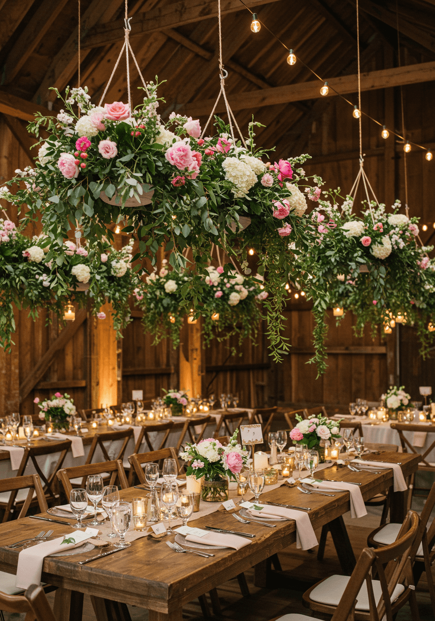 Tiered hanging garden planters with cascading flowers above rustic barn reception tables