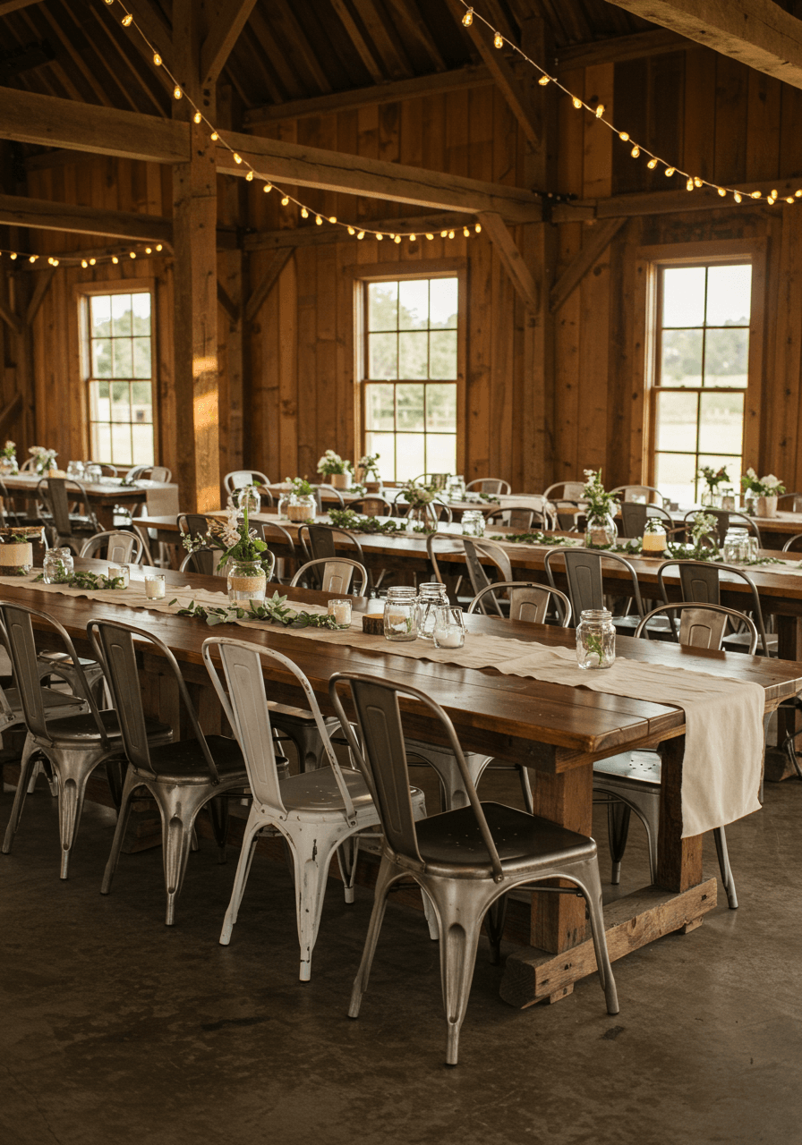 Vintage wooden farm tables with mismatched antique chairs in rustic barn wedding venue