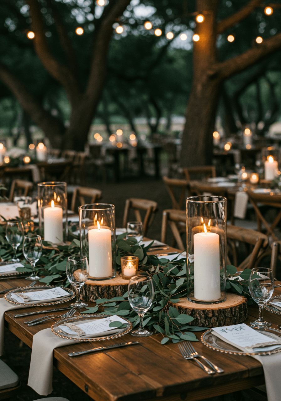Candlelit wooden farm tables with lush centerpieces nestled among ancient oak trees at twilight