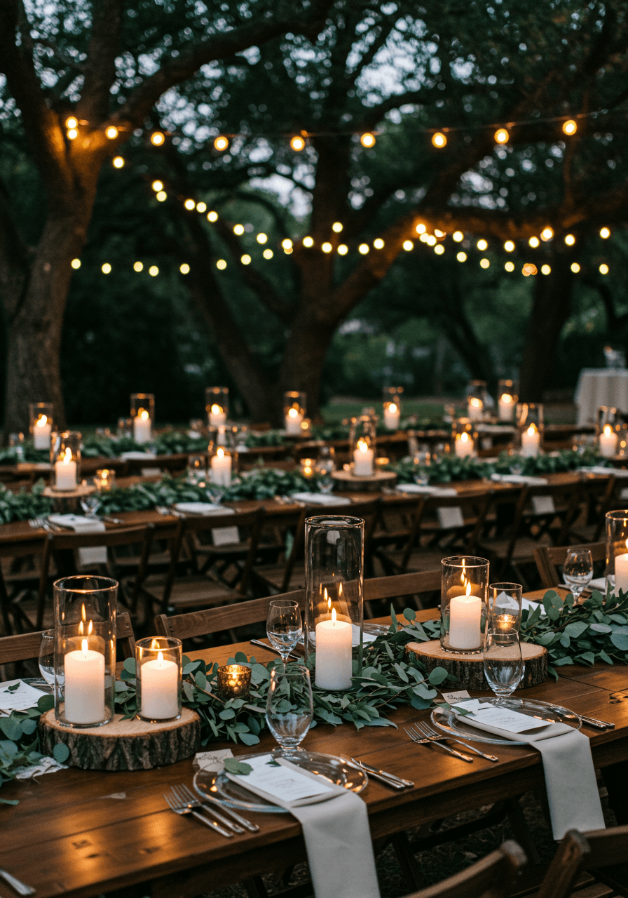 Wide shot of enchanted forest reception with candles and greenery under oak tree canopy
