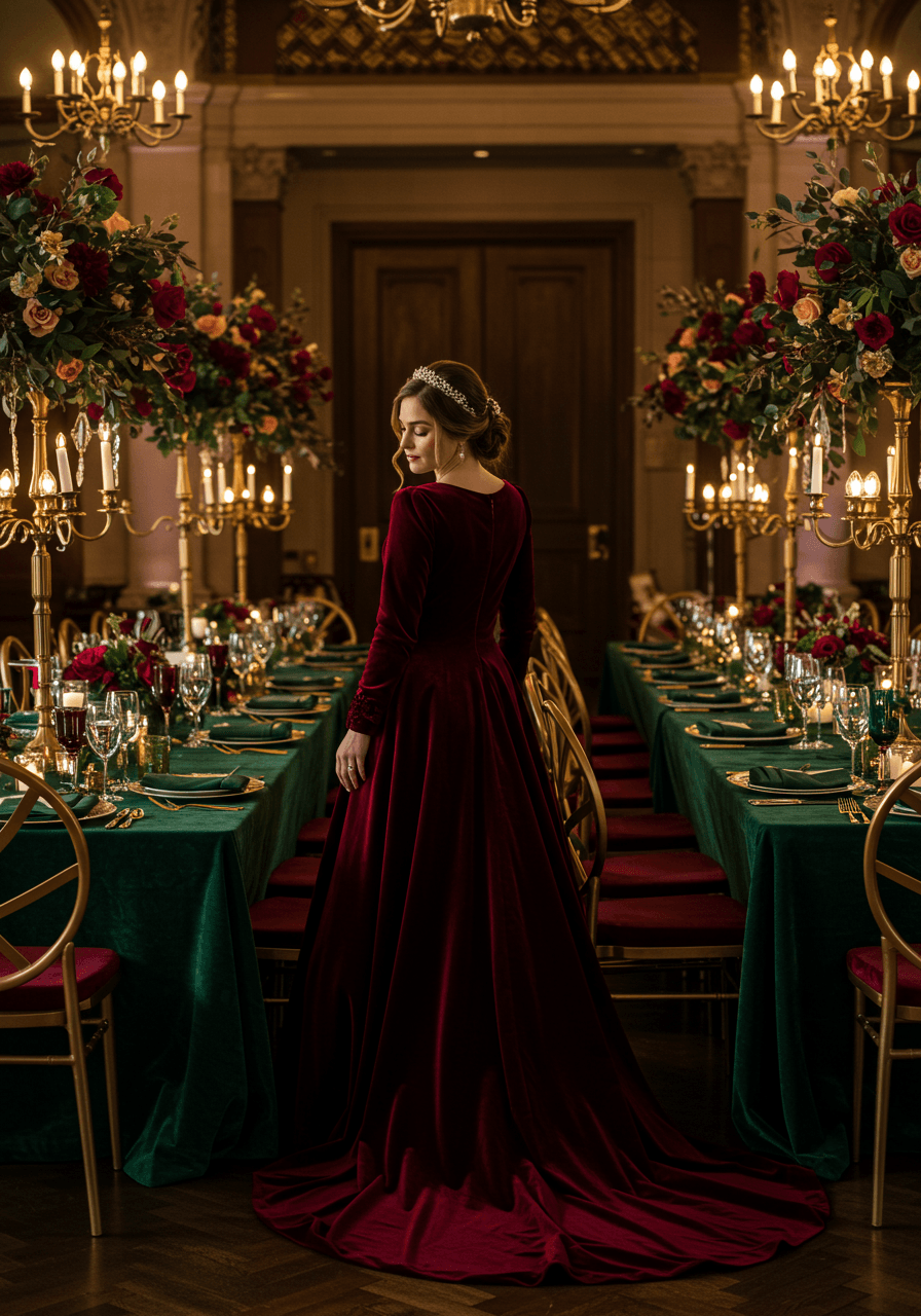 Bride in burgundy velvet wedding gown beside velvet-draped reception tables in elegant ballroom