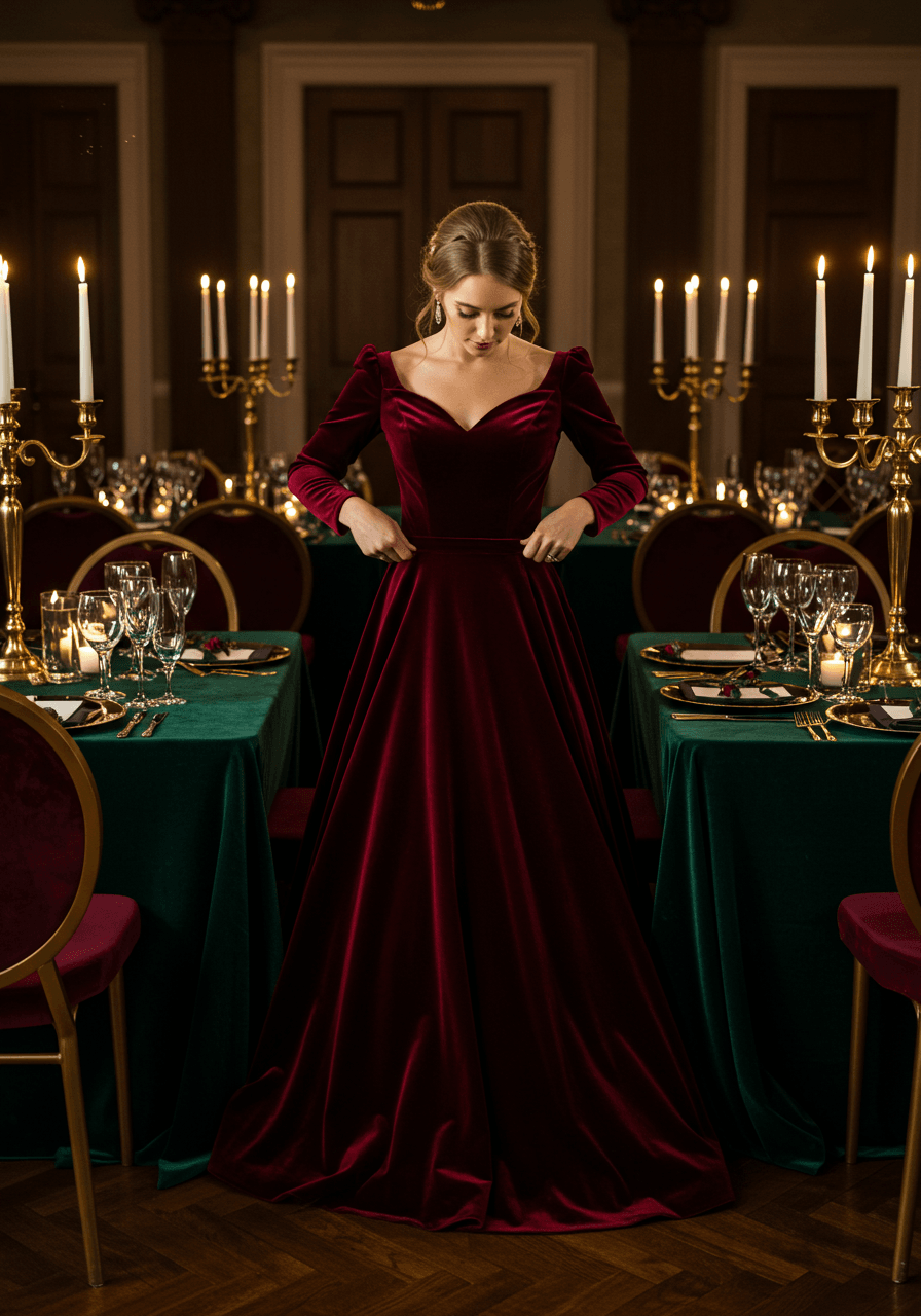Elegant bride styling burgundy velvet gown in opulent ballroom setting