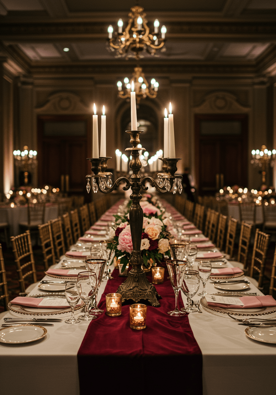 Elegant ballroom reception with vintage candelabras and burgundy table runners