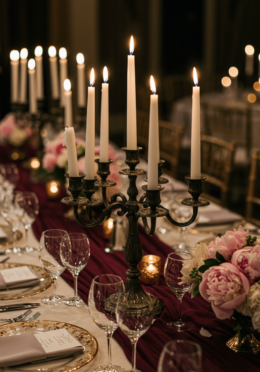 Ornate vintage candelabra with white pillar candles on luxury wedding tablescape