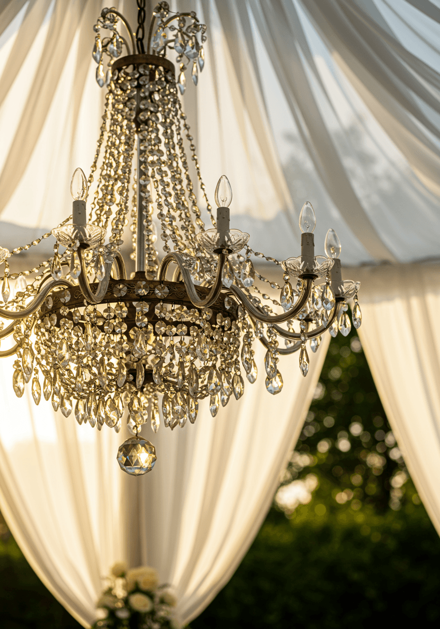 Vintage crystal chandelier suspended in outdoor garden pavilion with white draping