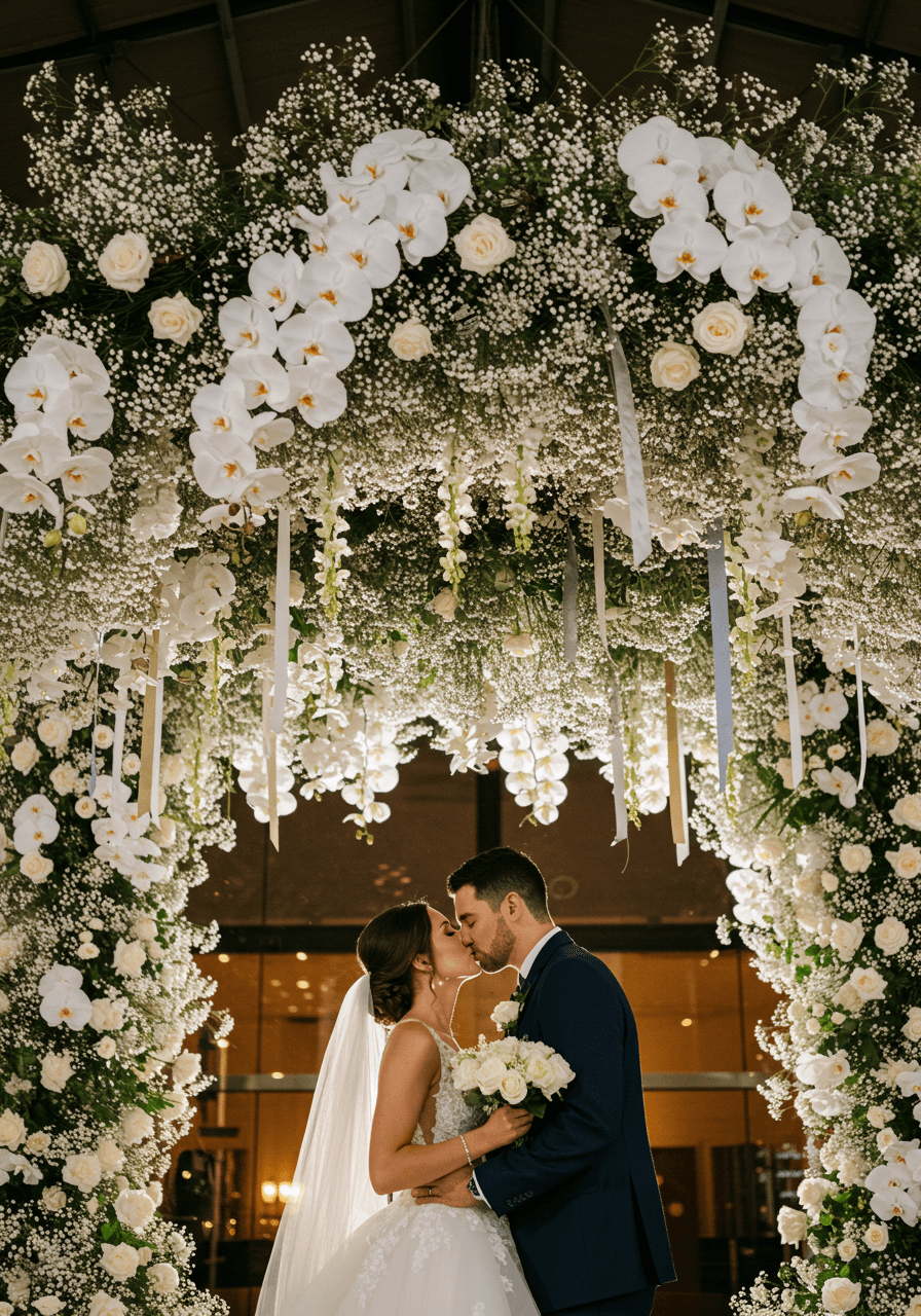 Bride and groom's first kiss beneath suspended white orchid and baby's breath installation