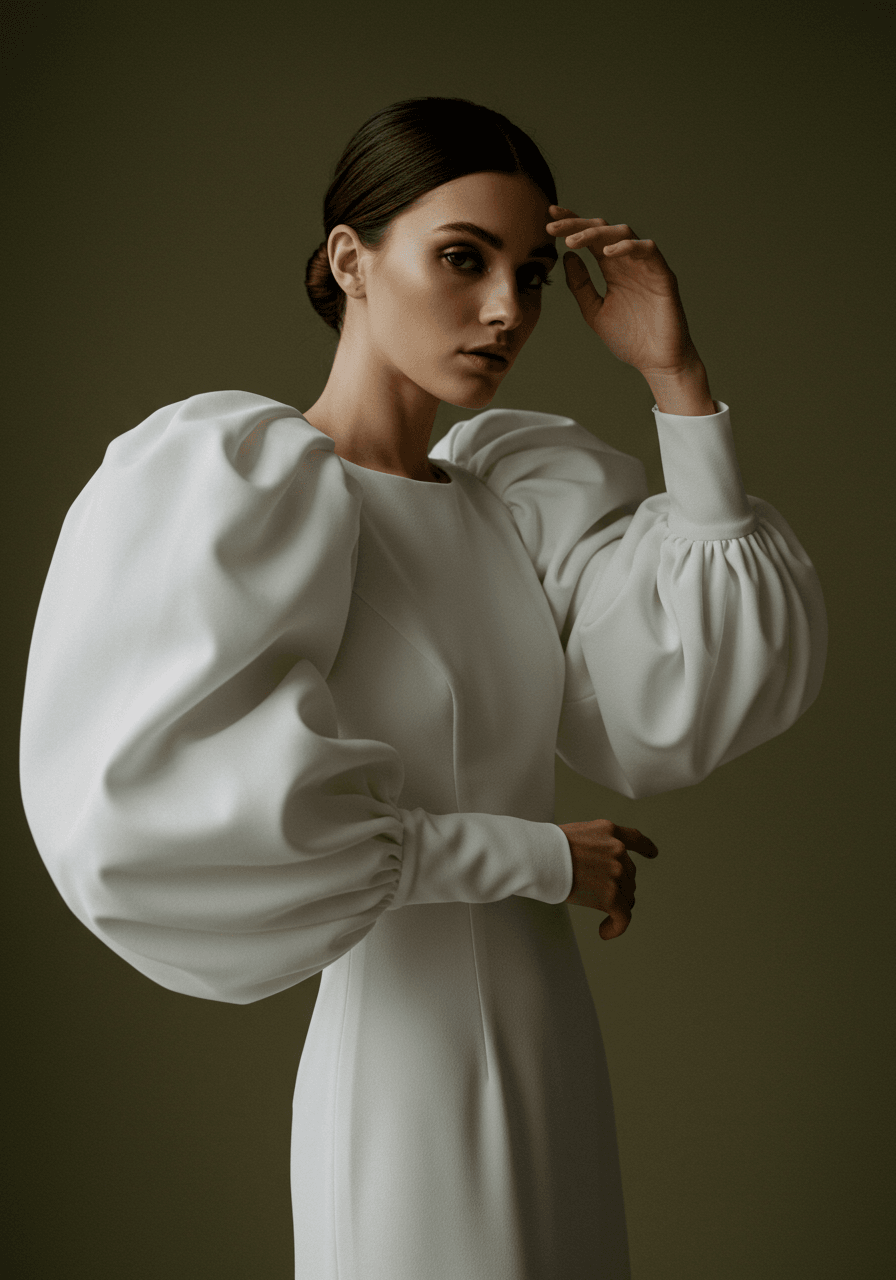 Bride in white crepe gown with exaggerated statement puff sleeves positioned to showcase silhouette