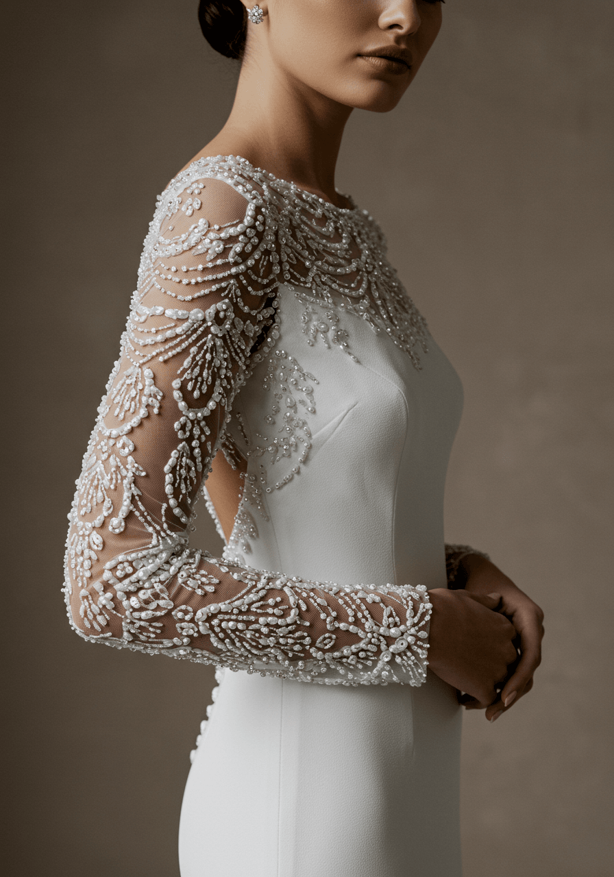 Bride in white crepe dress with elaborate beadwork and sequin sleeves in studio