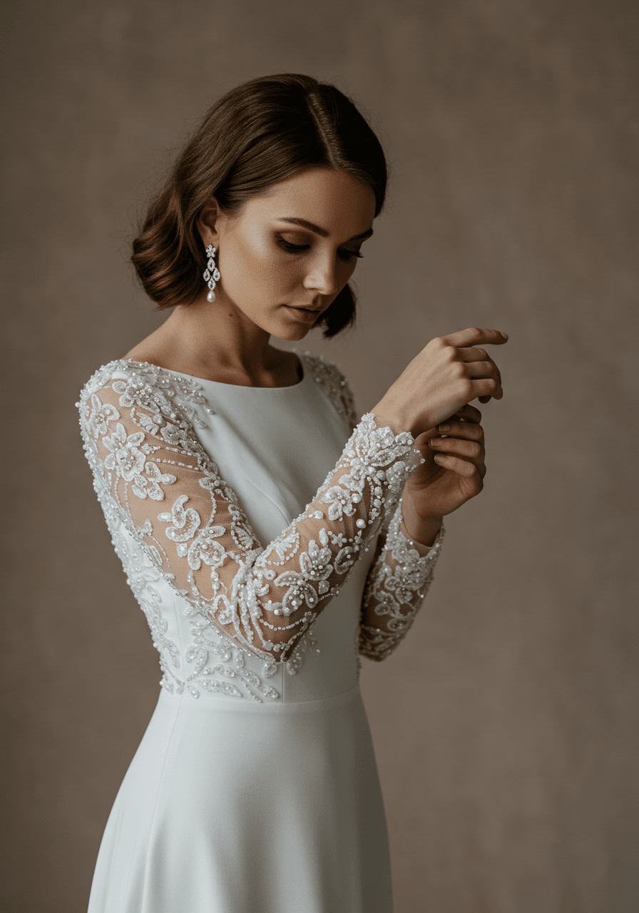 Full body shot showcasing beaded silhouette and contemporary sheath design