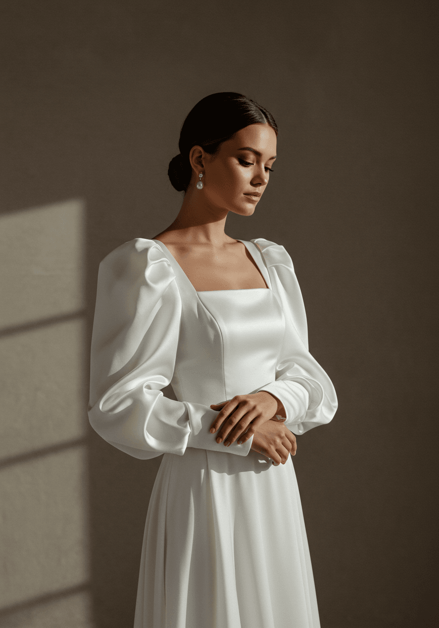 Bride in white satin gown with dramatically sculptural geometric sleeve shapes