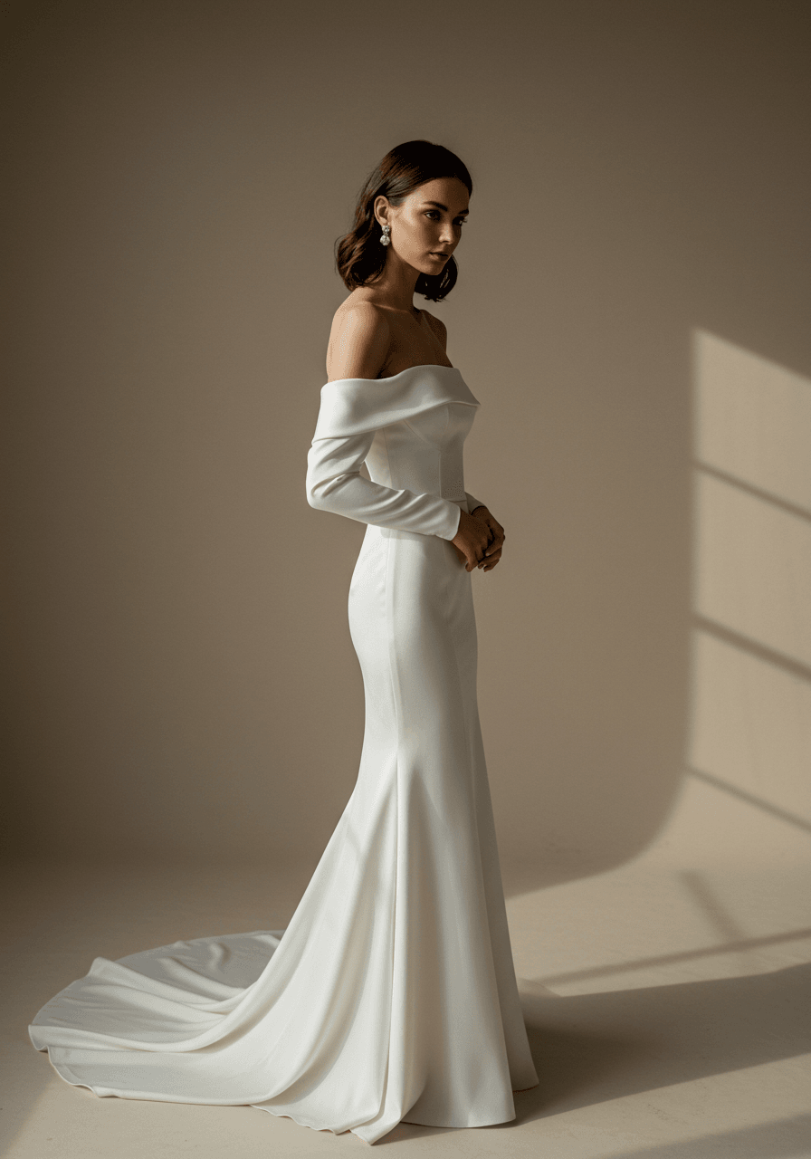Bride in contemporary white satin off-shoulder wedding dress in minimalist studio
