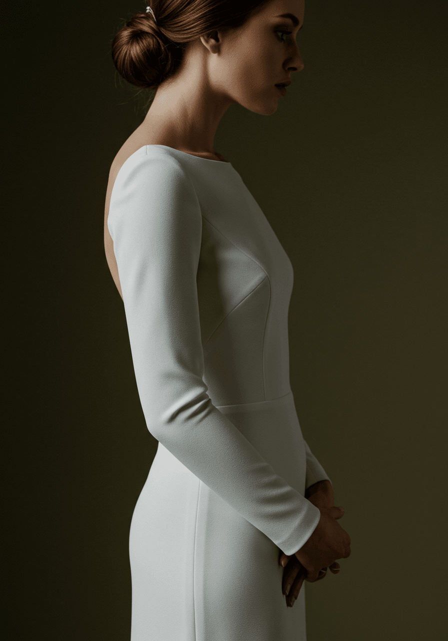Contemporary bride in fitted crepe sheath wedding dress with long sleeves in professional studio