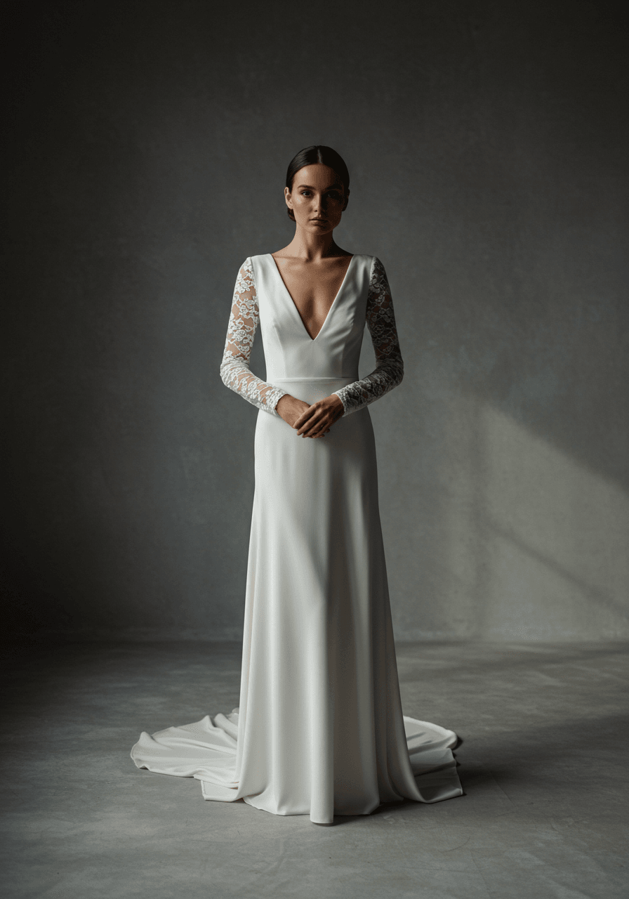 Bride in wedding dress with dramatic plunging neckline and delicate sheer sleeves