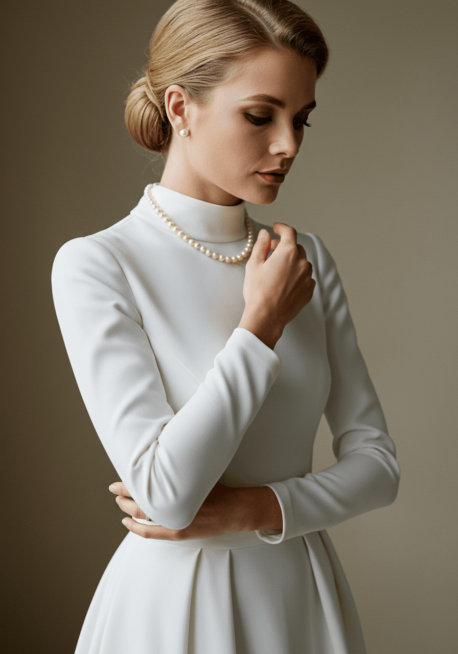 Bride in high-neck fitted wedding dress touching pearl necklace in regal pose