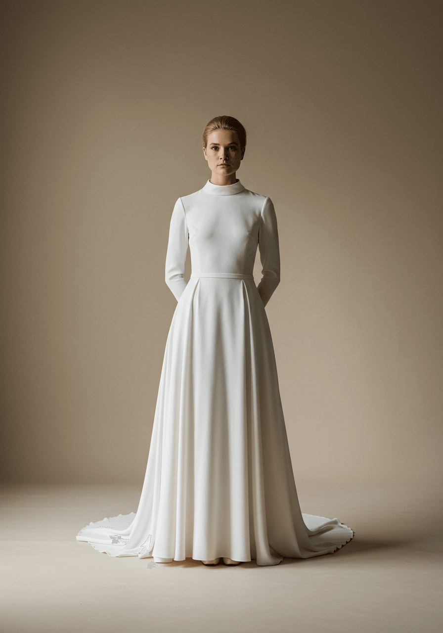 Full body shot of A-line gown with classic Grace Kelly-inspired silhouette