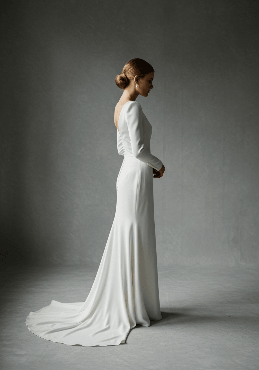 Bride in Grace Kelly-inspired silk mikado wedding dress with timeless long sleeves