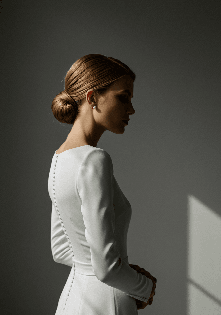 Detail of sophisticated sleeve construction and classic pearl earrings