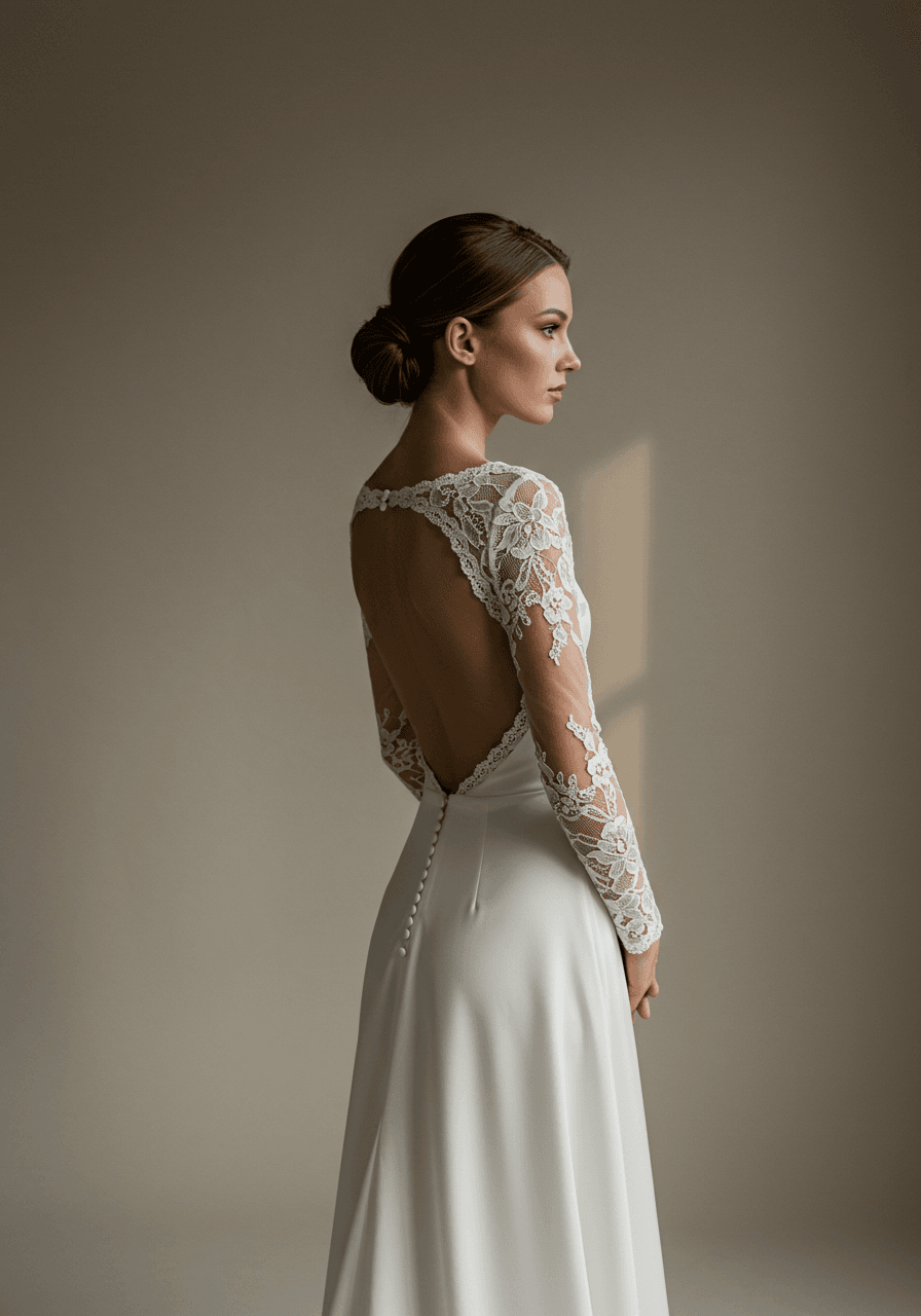 Bride in profile wearing luxurious dress with sheer sleeves and elegant open back
