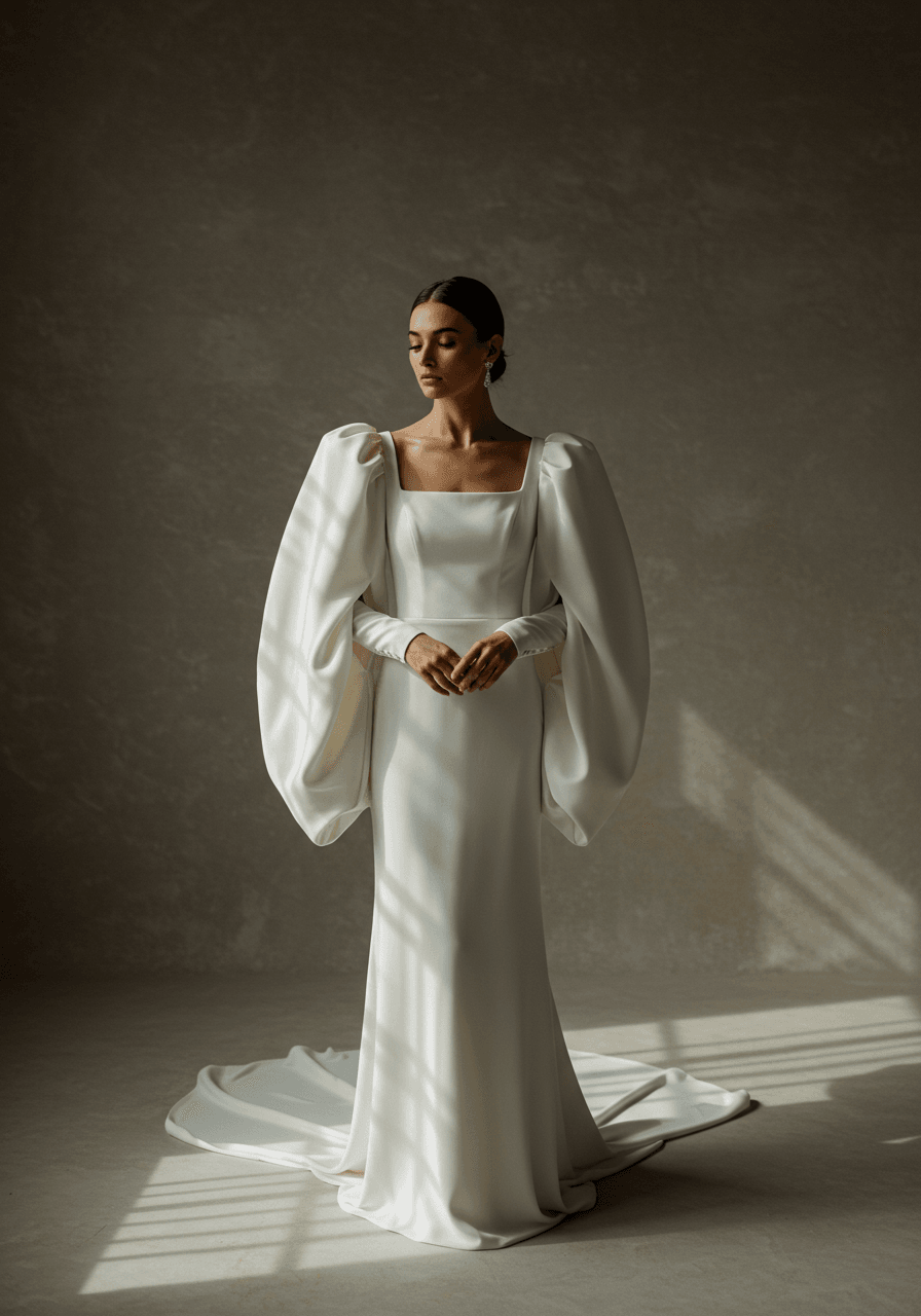 Bride in wedding dress with distinctive square neckline and bold sculptural sleeves