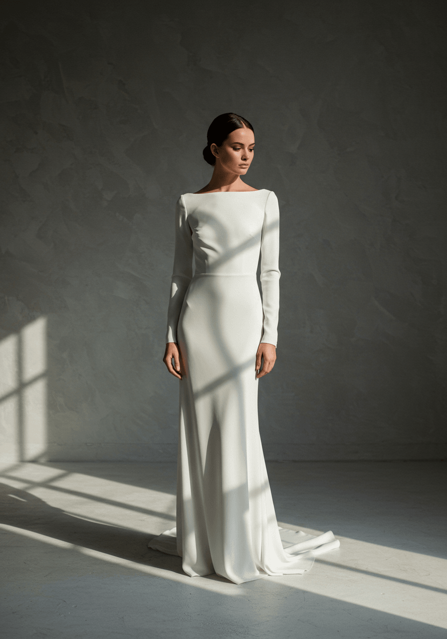 Bride in sleek fitted crepe wedding dress with long tailored sleeves in minimalist studio setting