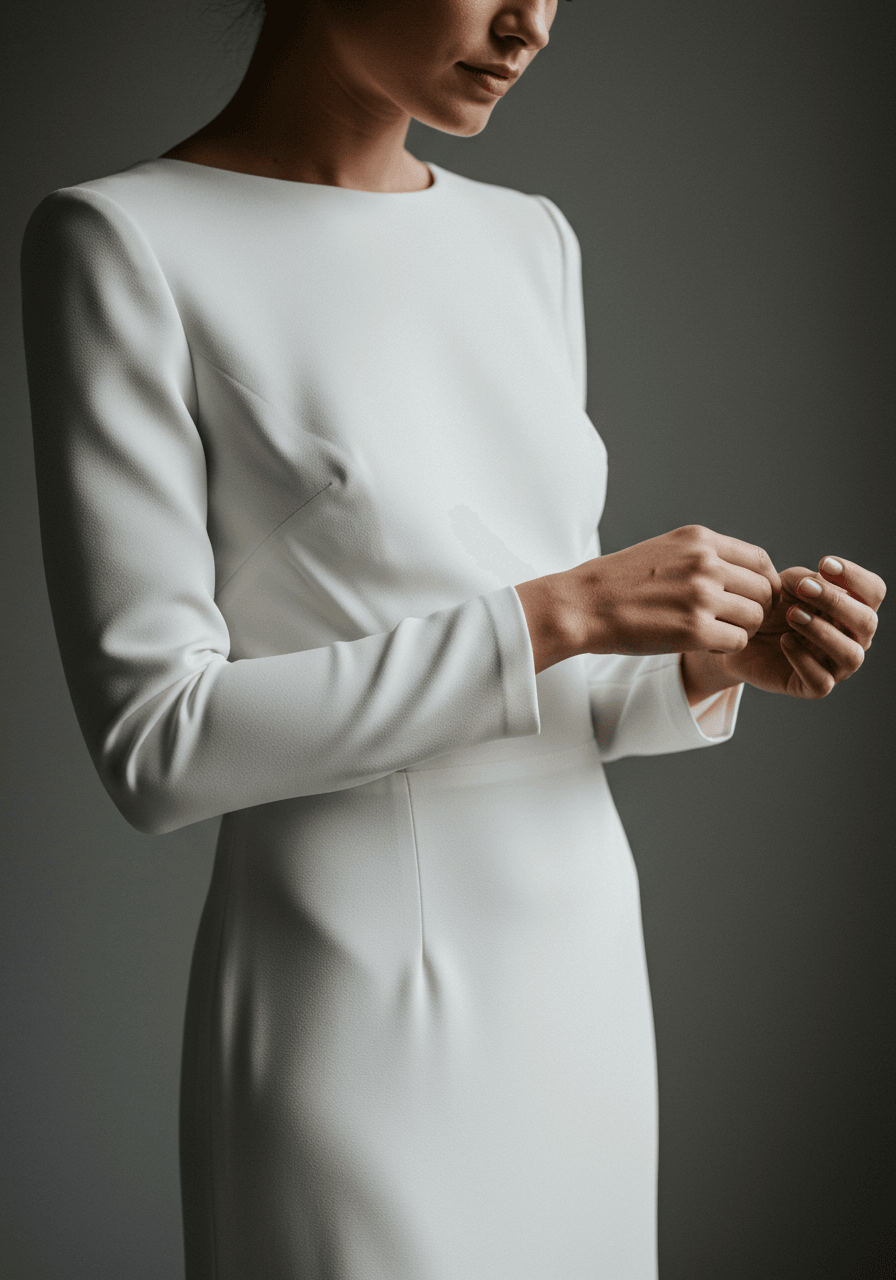 Close-up detail of bride adjusting fitted crepe sleeves with sophisticated styling
