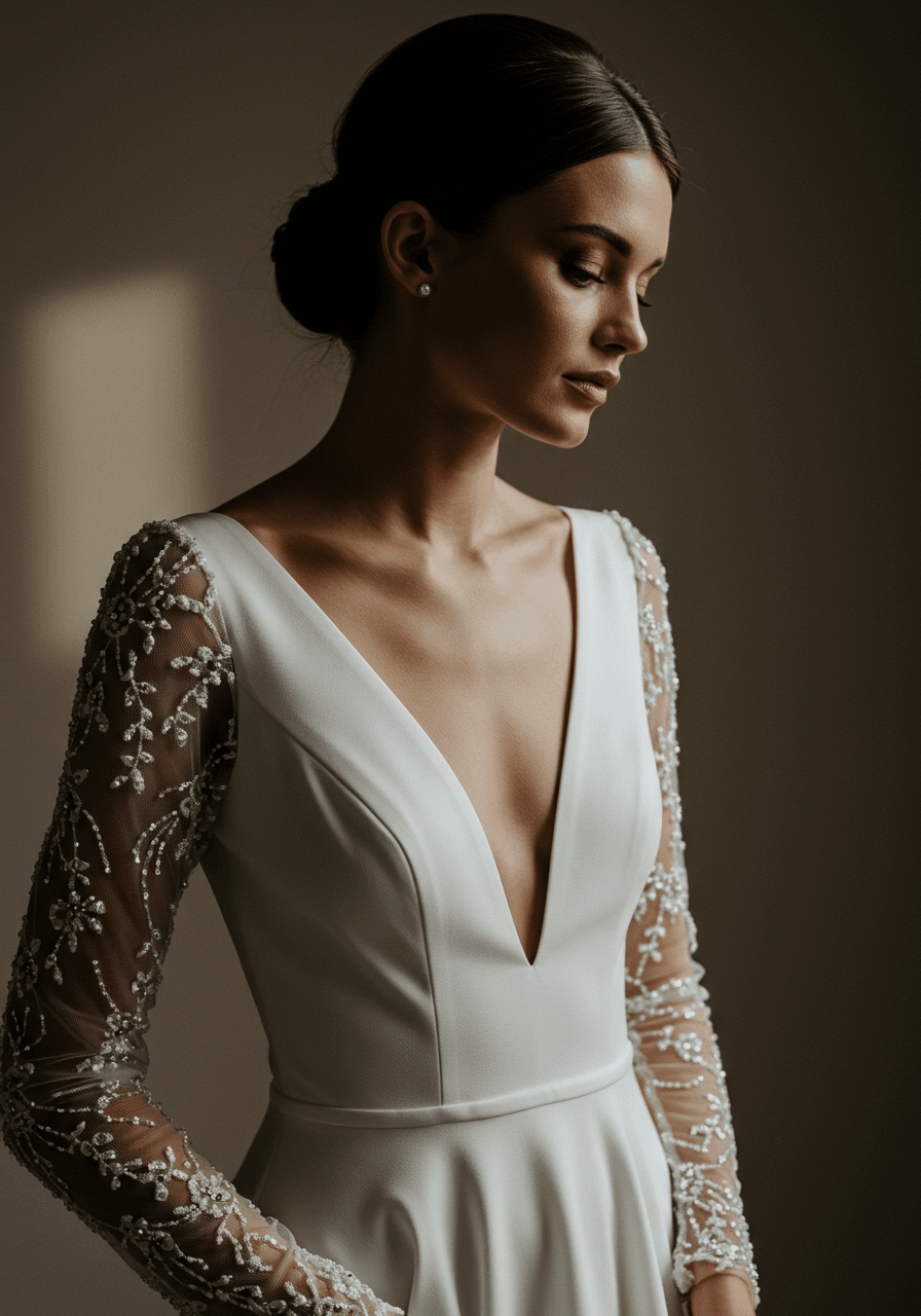 Bride in bold V-neck wedding dress with ethereal embroidered sheer sleeves