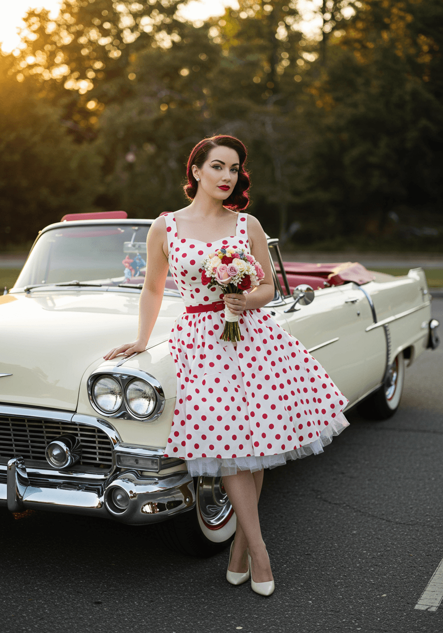 Bride with classic pin-up makeup in tea-length dress standing beside vintage convertible car