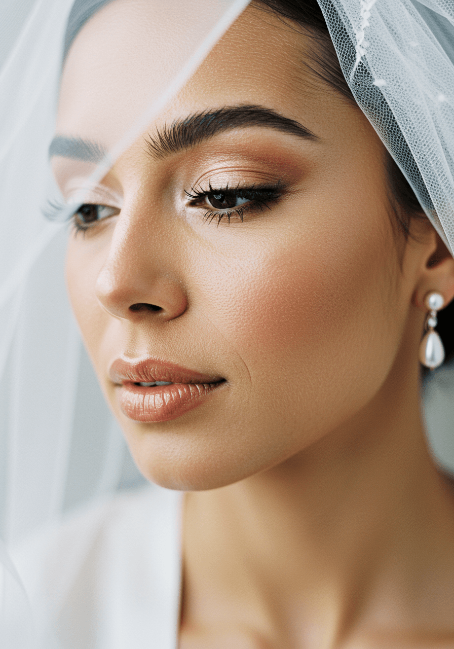 Bride with translucent powder finish and natural makeup gazing softly through sheer white veil