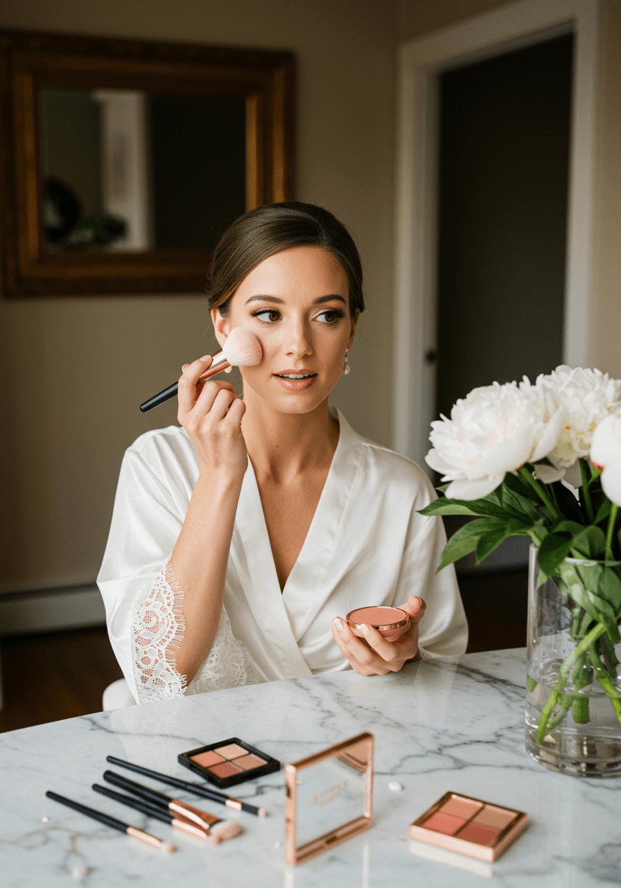 Bride applying soft pink blush with makeup brush at white marble vanity table