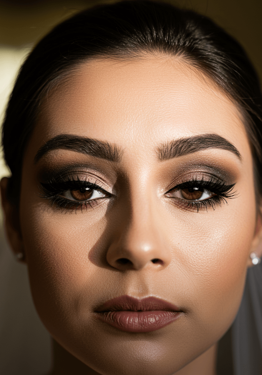 Close-up detail of bride's expertly applied cat eye look with precise black winged liner