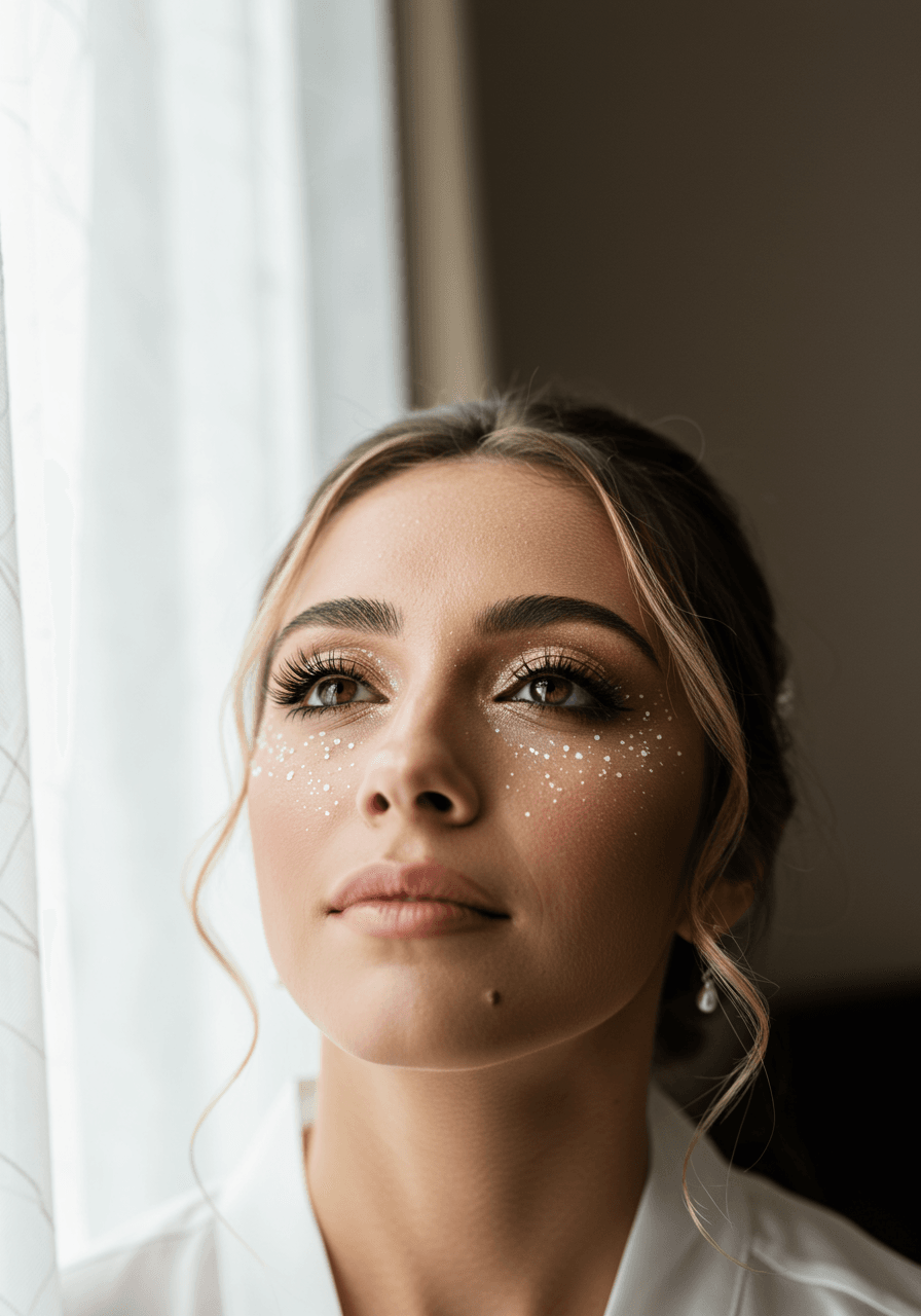 Bride's eyes showcasing delicate pearl shimmer makeup in natural lighting