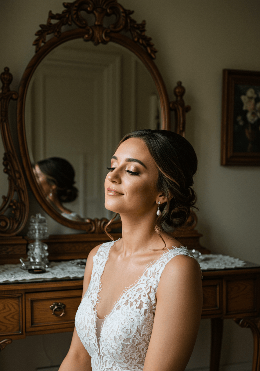 Close-up of bride applying rose gold makeup at elegant vintage dressing table