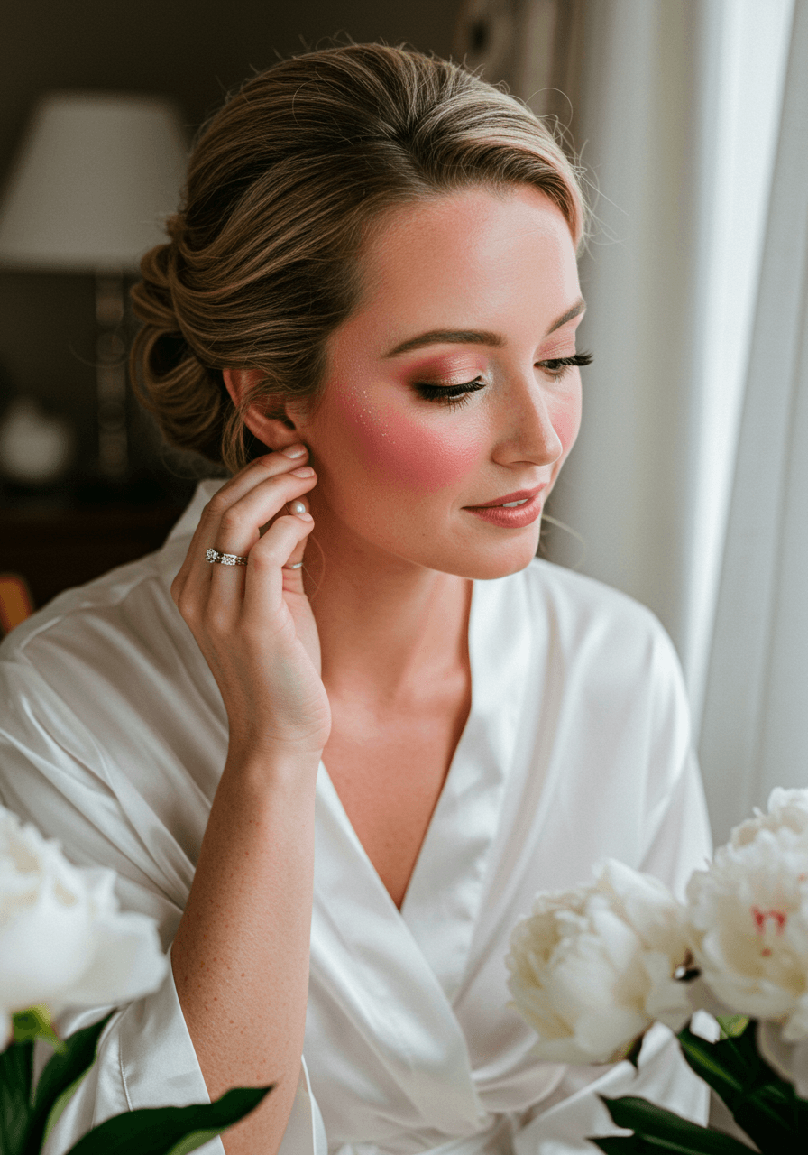Bride touching pearl earring while showcasing rosy pink blush and natural makeup