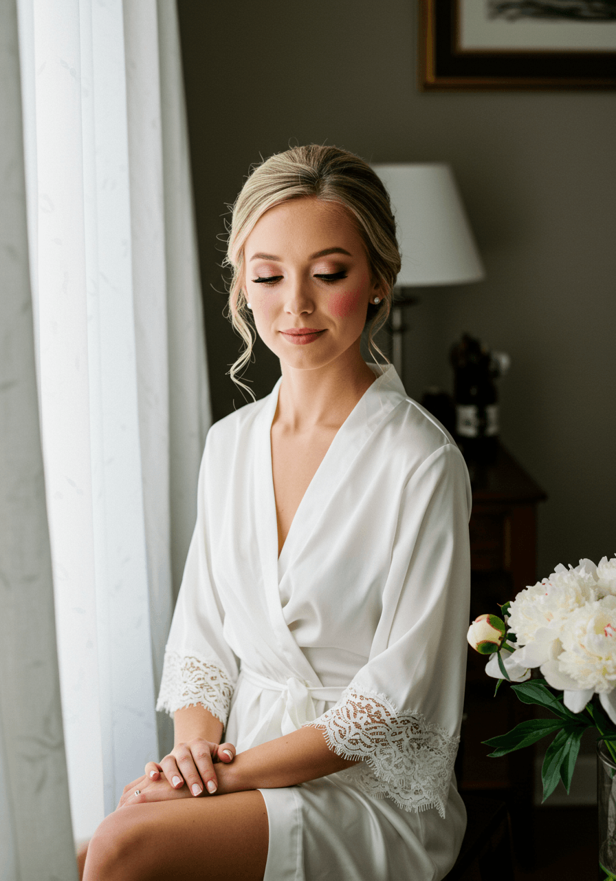 Bride with soft pink blush makeup glowing in morning golden hour light in bridal suite